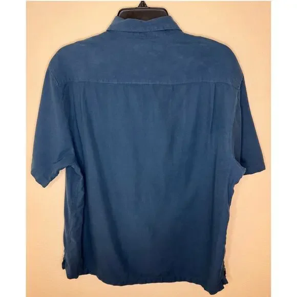 Caribbean silk blend blue short sleeve collared button up dress shirt size Large - Picture 2 of 10